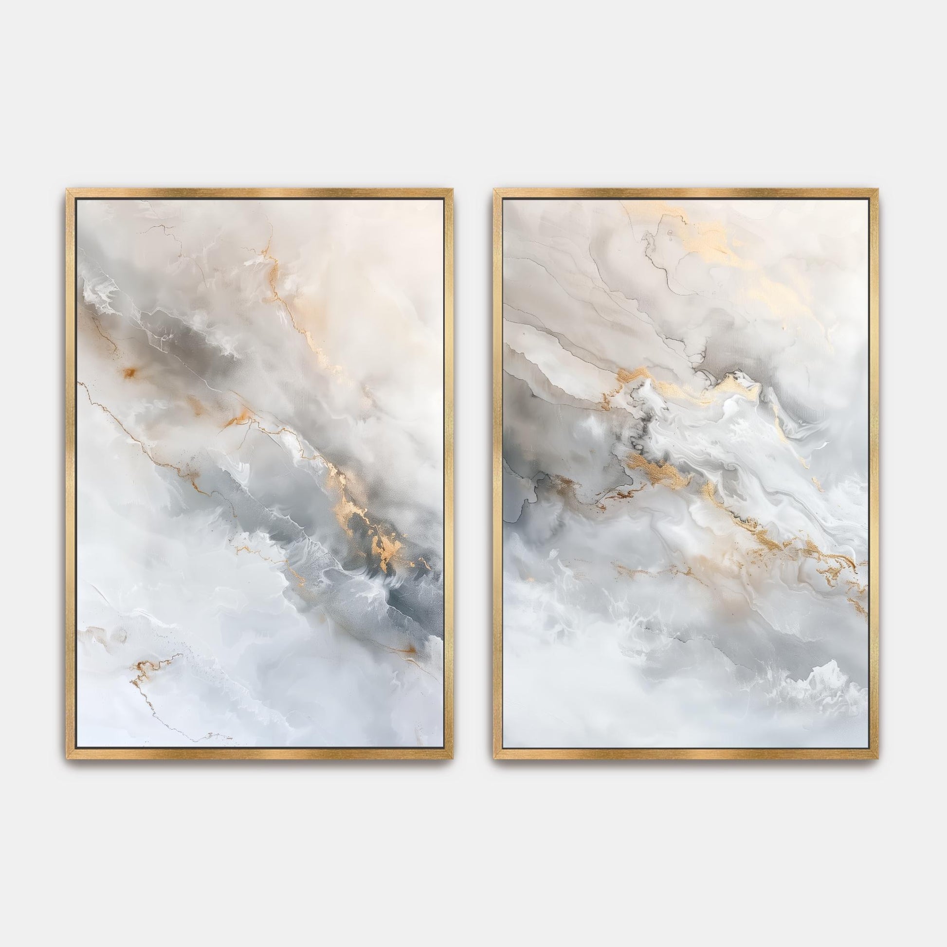 two abstract paintings with a marble-like texture, featuring a combination of white, gray, and gold colors. The paintings are framed in gold and are displayed on a white wall. Abstract Marble Wall Art, Minimalist Neutral Framed Canvas, Set of 2 Modern Living Room Decor Prints, Diptych Gallery, White Gray Gold