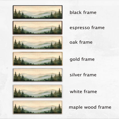 a series of framed landscape photographs, each with a different frame color and style. The photographs are arranged in a row, showcasing the various frame options available for displaying the landscape scenes.