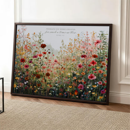 The image is a framed print of a vibrant, colorful field of flowers, with a Bible verse visible in the top left corner.