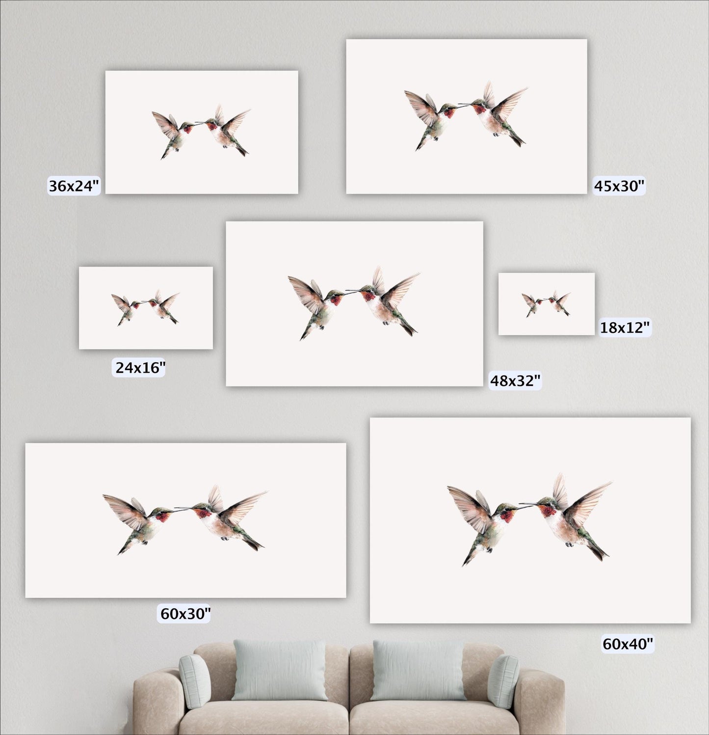 a collection of seven framed artworks featuring two hummingbirds in various sizes, arranged on a wall above a couch.