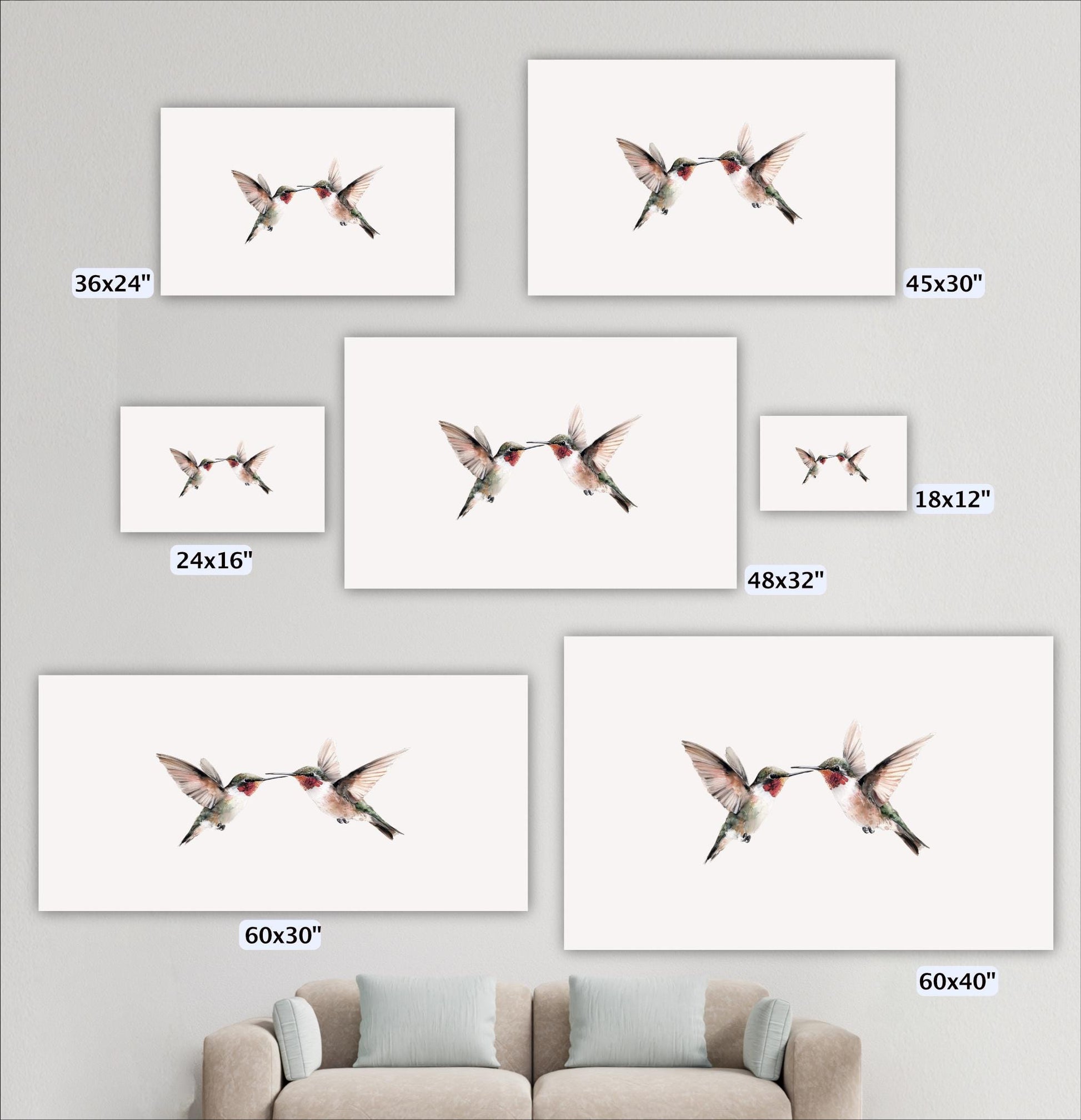 a collection of seven framed artworks featuring two hummingbirds in various sizes, arranged on a wall above a couch.