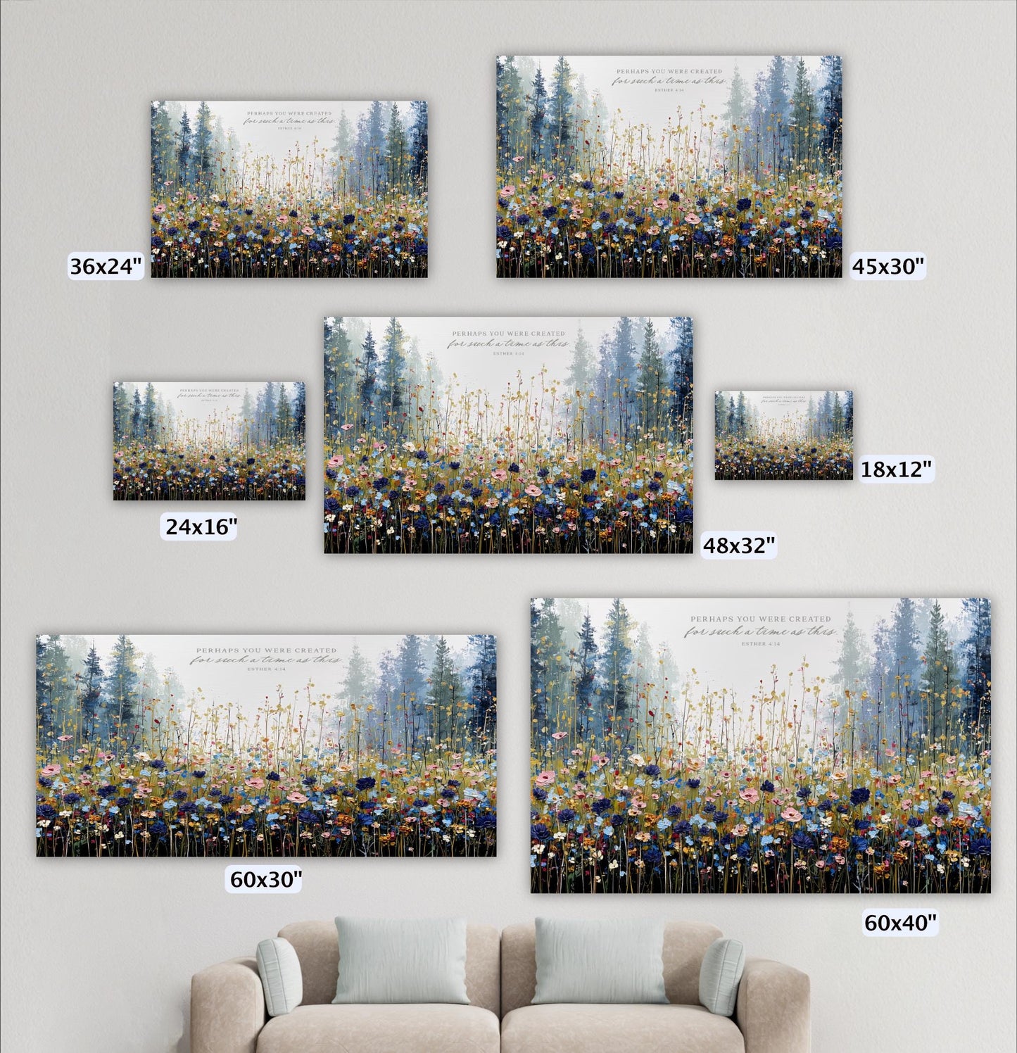 a collection of five framed landscape paintings depicting a field of flowers, with varying sizes and dimensions.