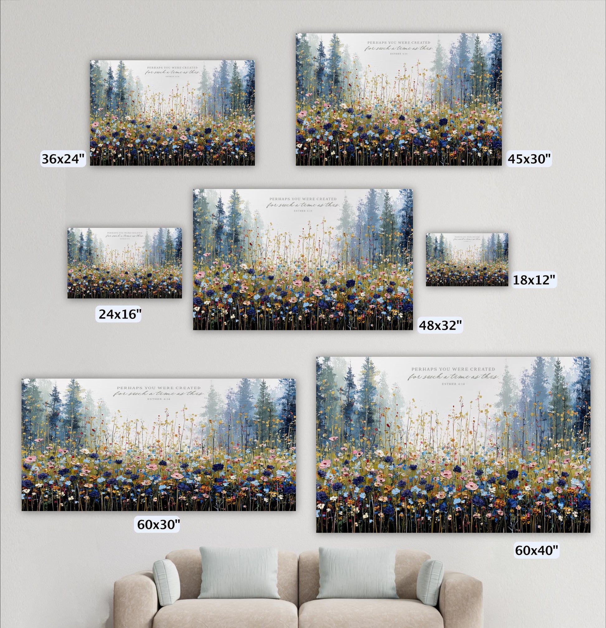a collection of five framed landscape paintings depicting a field of flowers, with varying sizes and dimensions.