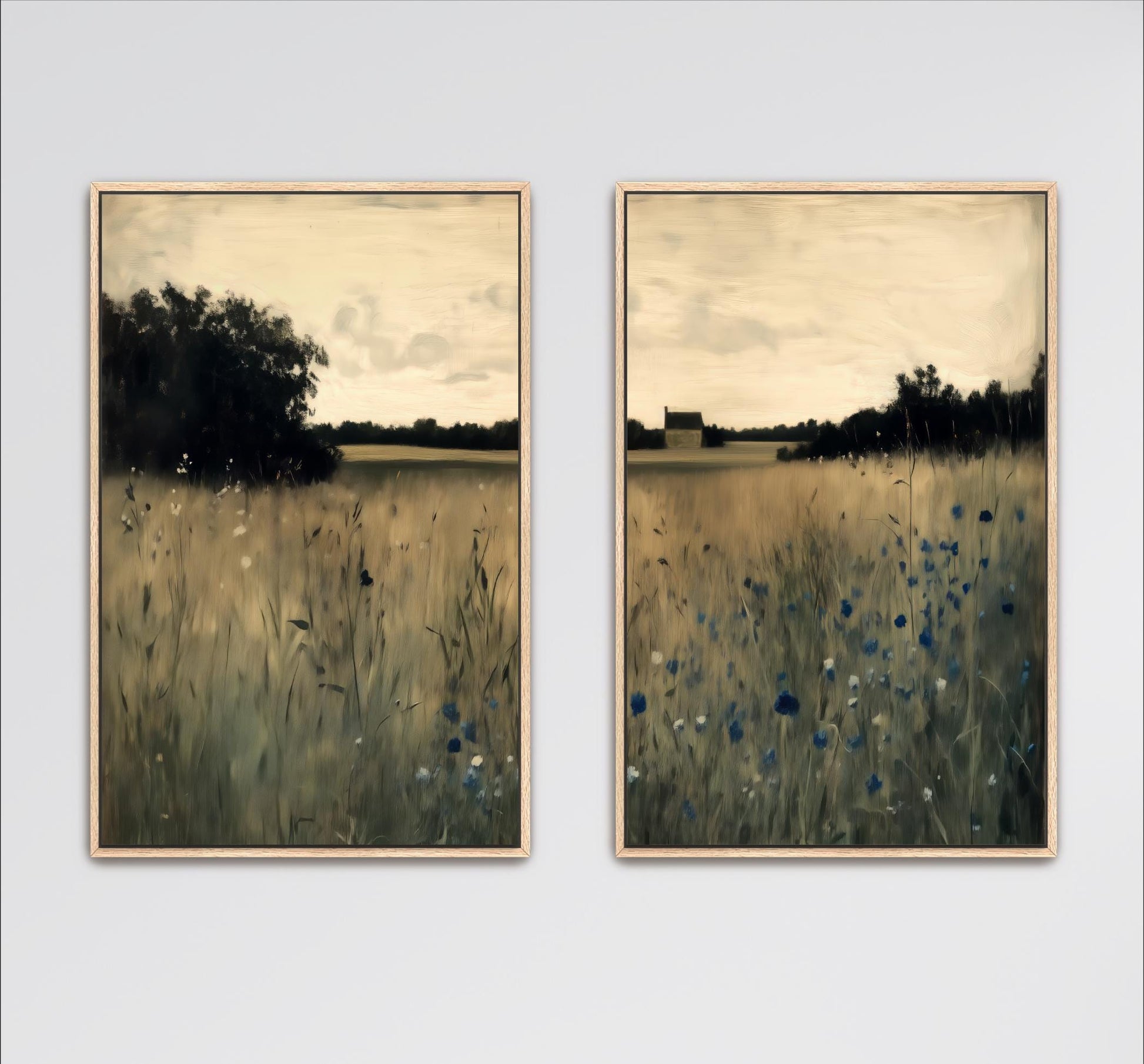 The image is a pair of framed paintings depicting a serene landscape with a field of tall grass and wildflowers.