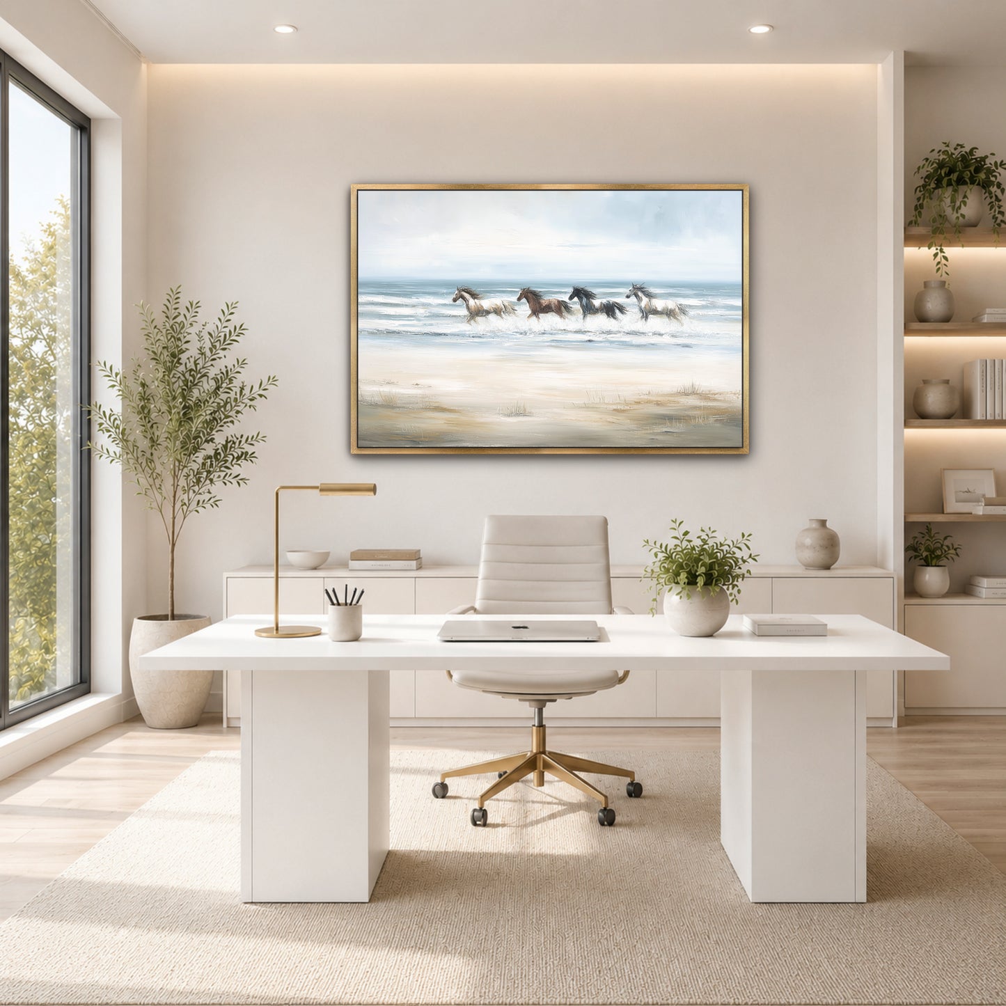 a modern, minimalist office space with a large window overlooking a beach. The office features a white desk with a computer, a comfortable white chair, and a framed painting of horses running on the beach. The room is decorated with potted plants and other natural elements, creating a serene and tranquil atmosphere.