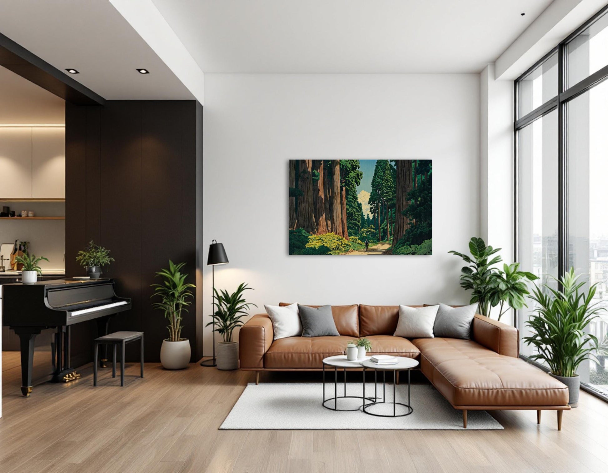 a modern living room with a large window overlooking a forest. The room features a brown leather sofa, a piano, and various potted plants, creating a cozy and inviting atmosphere.