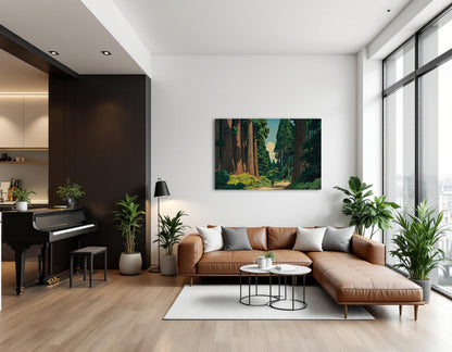 a modern living room with a large window overlooking a forest. The room features a brown leather sofa, a piano, and various potted plants, creating a cozy and inviting atmosphere.
