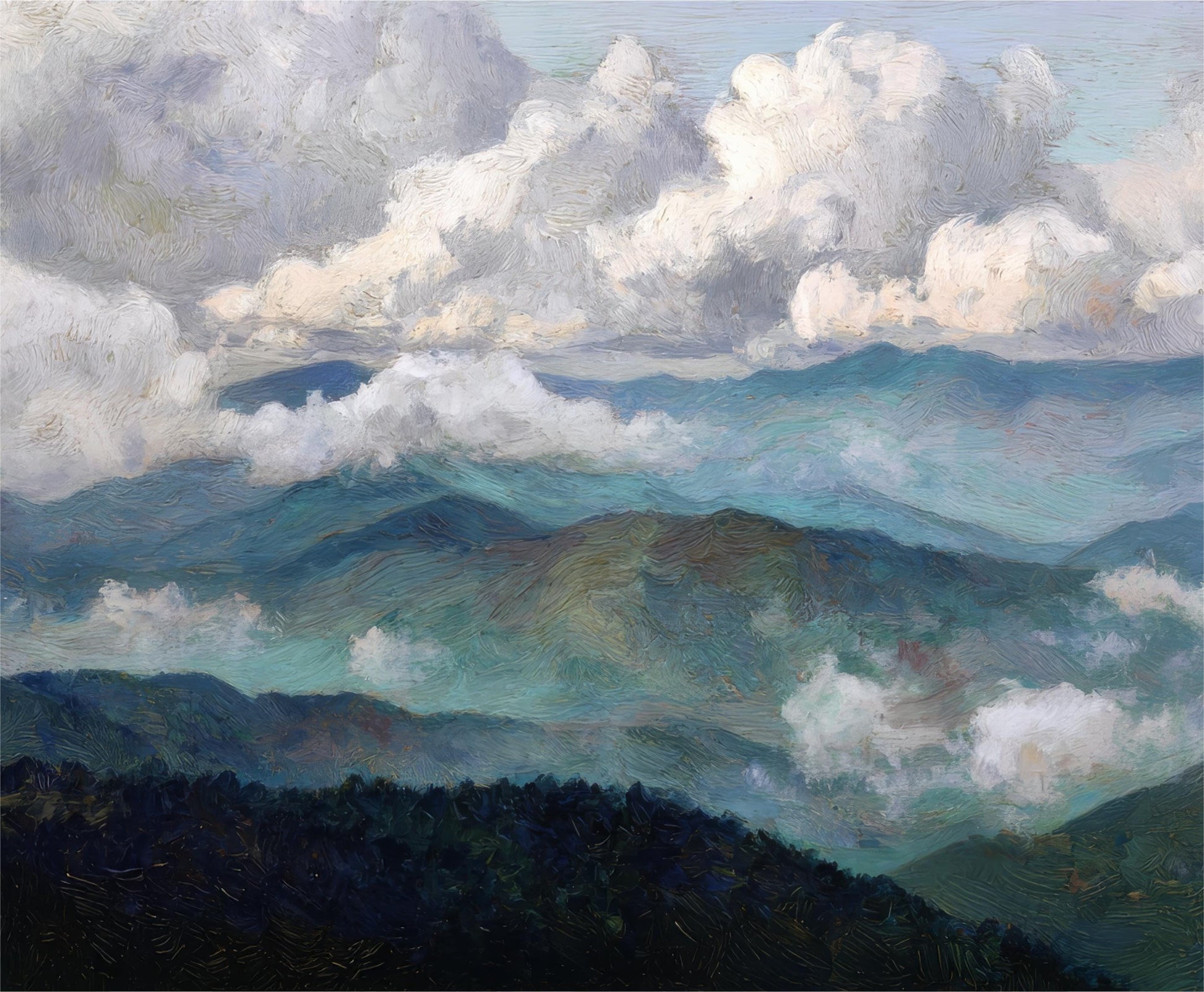 a breathtaking landscape with rolling hills, lush forests, and dramatic clouds in the sky.