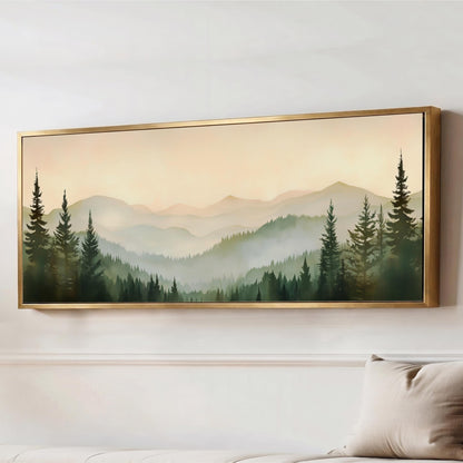 a large framed landscape painting depicting a serene mountain scene with pine trees and a hazy, golden sky.