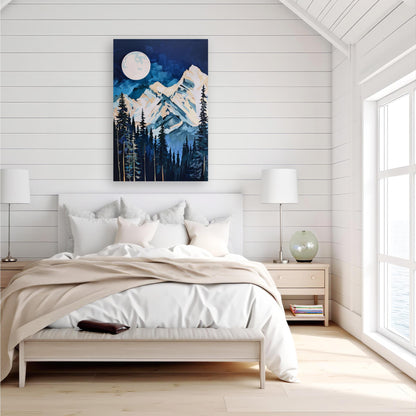 a serene bedroom with a large bed, white bedding, and a painting of a mountain landscape hanging on the wall above it. The room has white walls and a wooden floor, creating a calm and peaceful atmosphere.