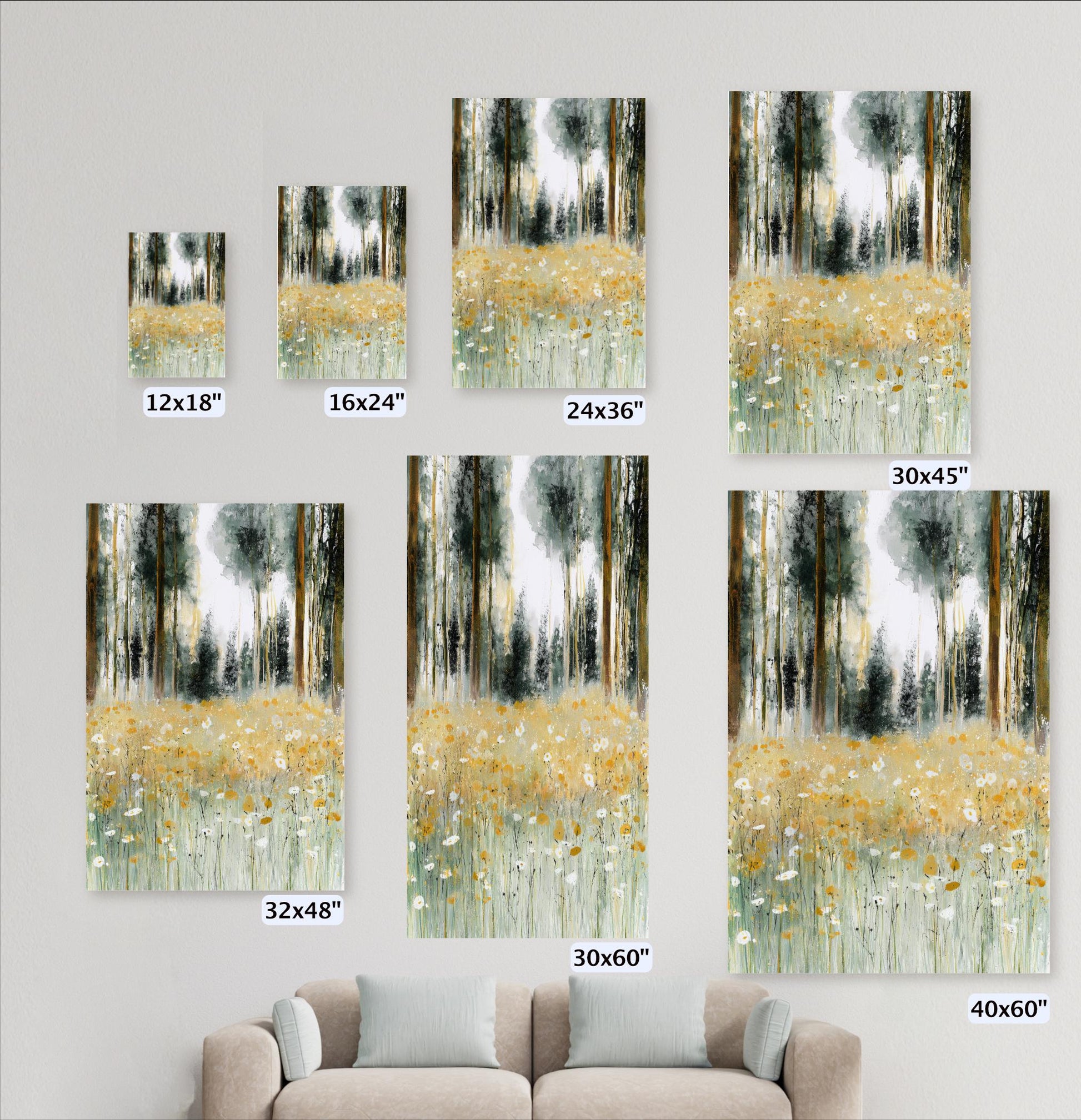 a collection of framed landscape paintings on a wall, each with a different size and frame. The paintings depict various scenes, including a field of flowers and trees. The wall is also adorned with a couch, suggesting a cozy and artistic living space.