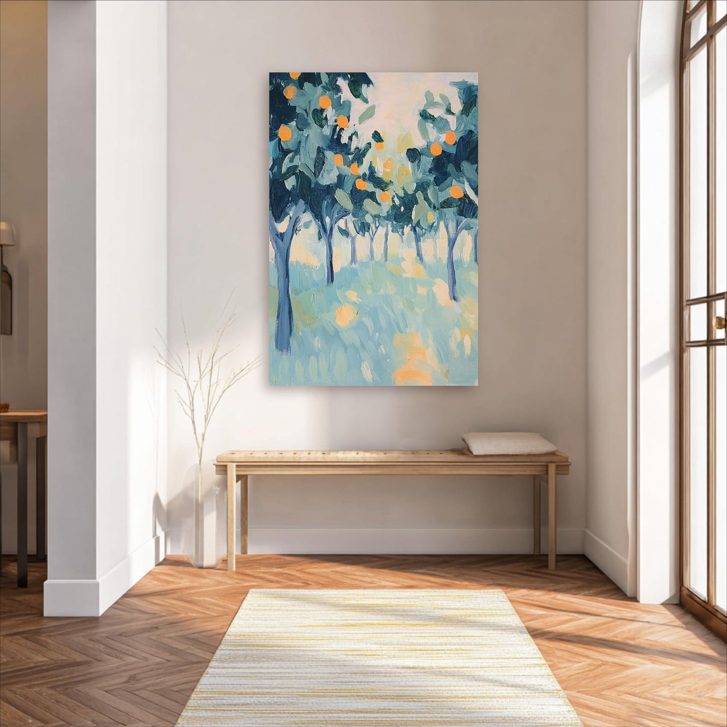 a large painting of a forest scene hanging on a white wall in a room with a wooden bench and a striped rug.