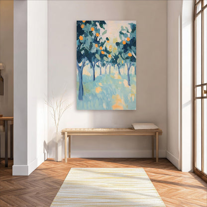 a large painting of a forest scene hanging on a white wall in a room with a wooden bench and a striped rug.