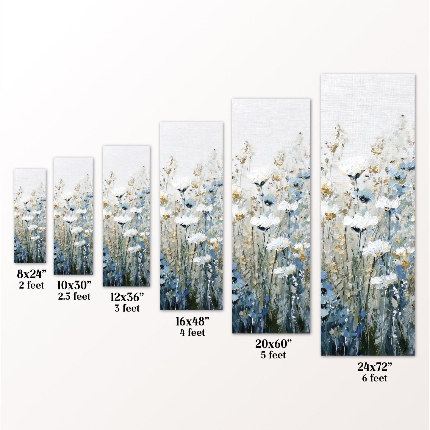 a series of framed artworks featuring a field of white flowers. Each artwork is a different size, ranging from 8x24" to 24x72", with the largest one being 20x60". The artworks are arranged in a row, showcasing the varying sizes and dimensions of the framed pieces.