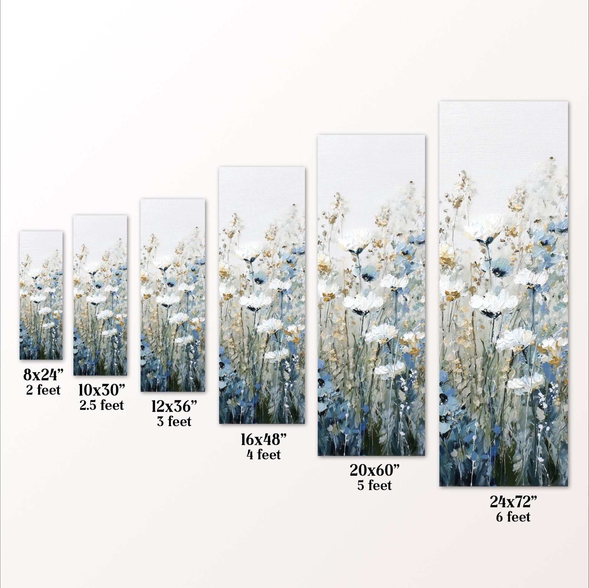 a series of framed artworks featuring a field of white flowers. Each artwork is a different size, ranging from 8x24" to 24x72", with the largest one being 20x60". The artworks are arranged in a row, showcasing the varying sizes and dimensions of the framed pieces.
