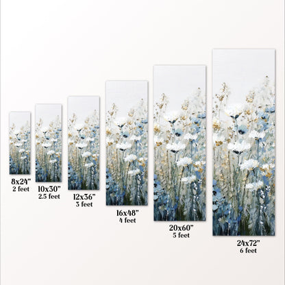 a series of framed artworks featuring a field of white flowers. Each artwork is a different size, ranging from 8x24" to 24x72", with the largest one being 20x60". The artworks are arranged in a row, showcasing the varying sizes and dimensions of the framed pieces.