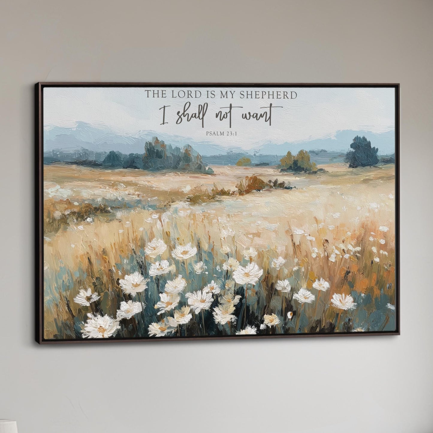 The image is a framed painting depicting a pastoral landscape with a field of white flowers and trees in the background.