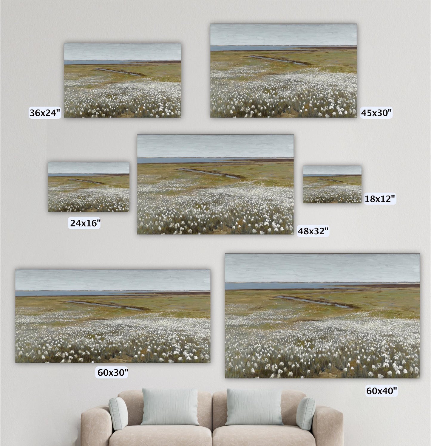 a collection of landscape paintings or photographs depicting various scenes, including a field of flowers. The paintings vary in size, ranging from 36x24 inches to 45x30 inches. The largest painting is 60x60 inches, while the smallest is 60x40 inches. The images are arranged on a wall, and there is a couch in the foreground.