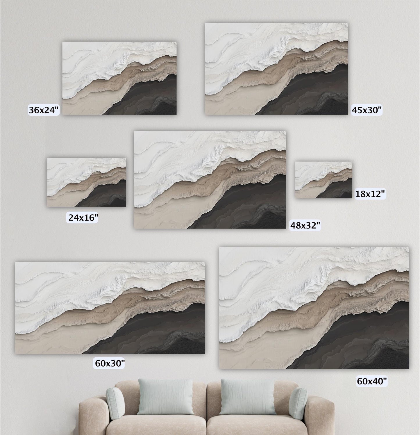 a collection of six landscape paintings, each with a different size ranging from 36x24 to 48x32. The paintings feature a mountain landscape with varying shades of brown and gray, creating a sense of depth and texture. In the background, there is a beige couch, suggesting a cozy and comfortable setting.