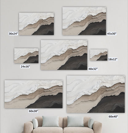 a collection of six landscape paintings, each with a different size ranging from 36x24 to 48x32. The paintings feature a mountain landscape with varying shades of brown and gray, creating a sense of depth and texture. In the background, there is a beige couch, suggesting a cozy and comfortable setting.