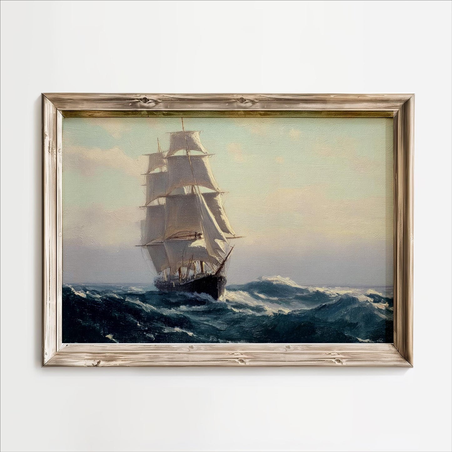 A painting of a large sailing ship with three masts navigating through rough seas.