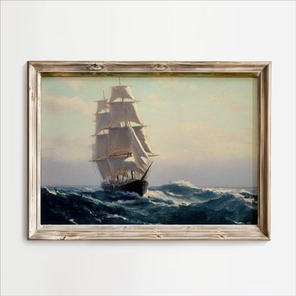 A painting of a large sailing ship with three masts navigating through rough seas.