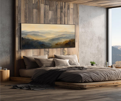 a serene bedroom with a large bed, wooden headboard, and a painting of a mountain landscape hanging above it. The room has a rustic, modern aesthetic with wooden walls and flooring, and a large window providing a view of the mountains outside.