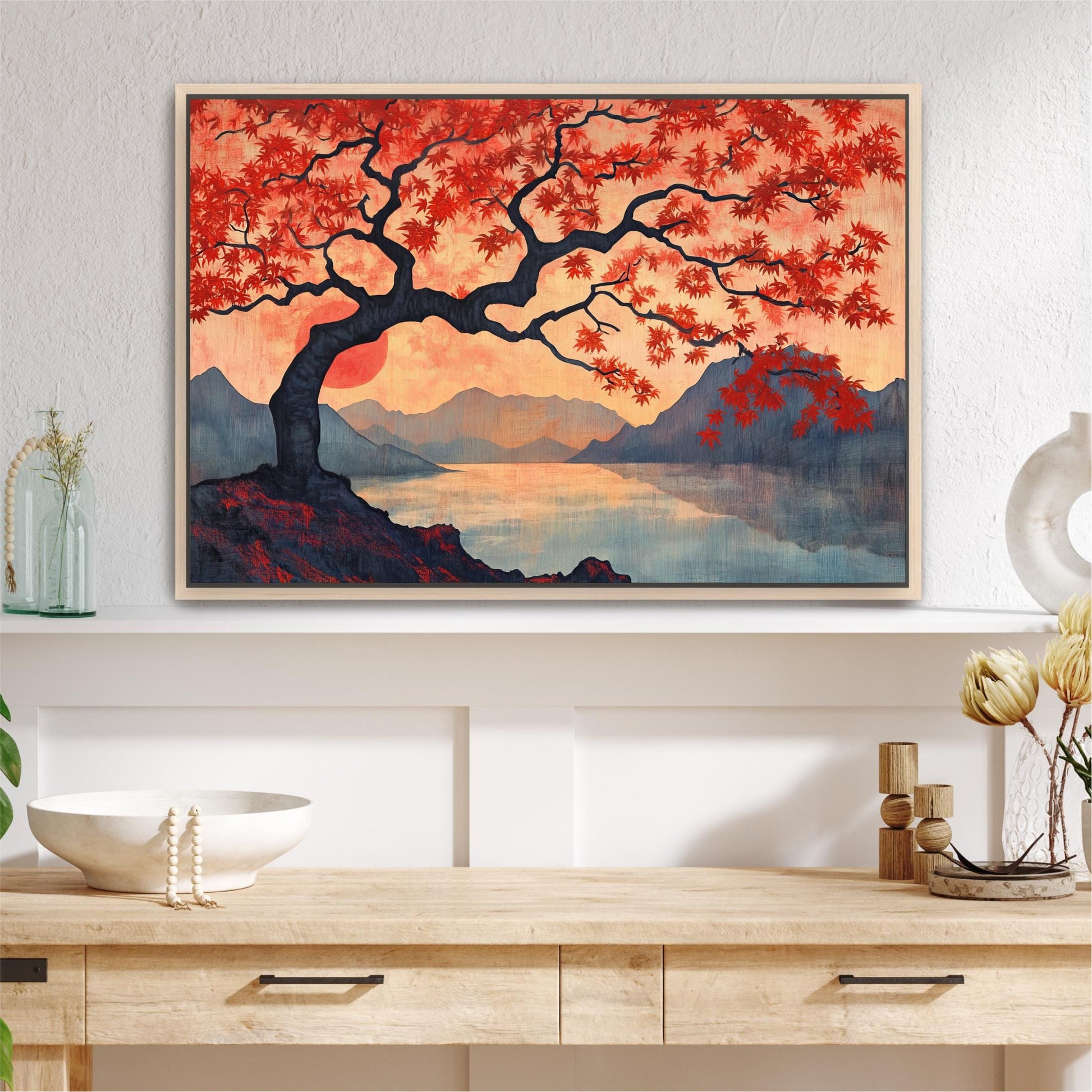 a painting of a tree with red leaves
