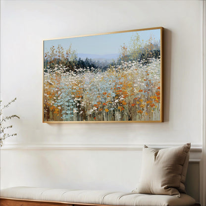 a large, framed painting of a field of flowers hanging on a wall.
