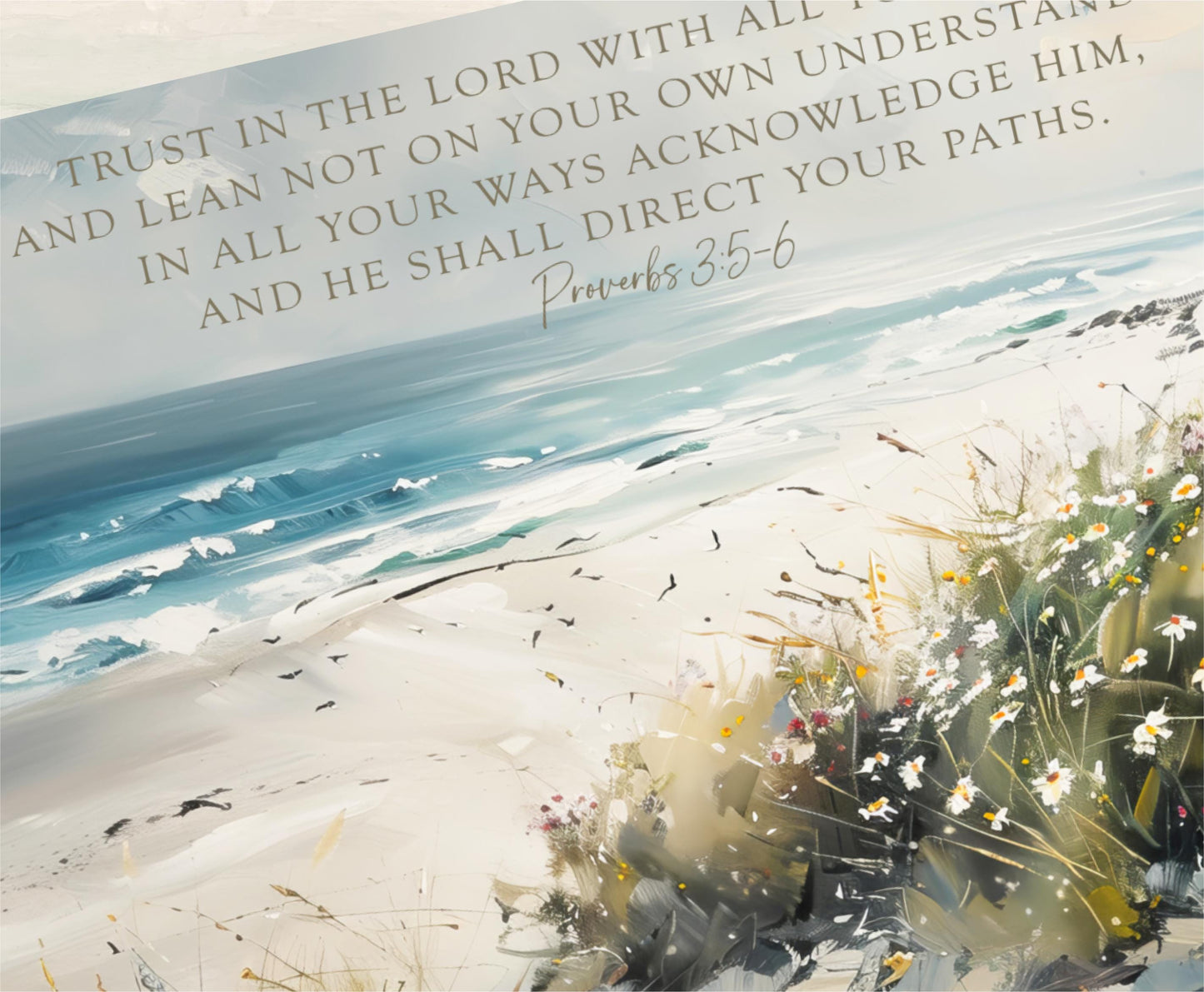 a painting of a beach with a bible verse