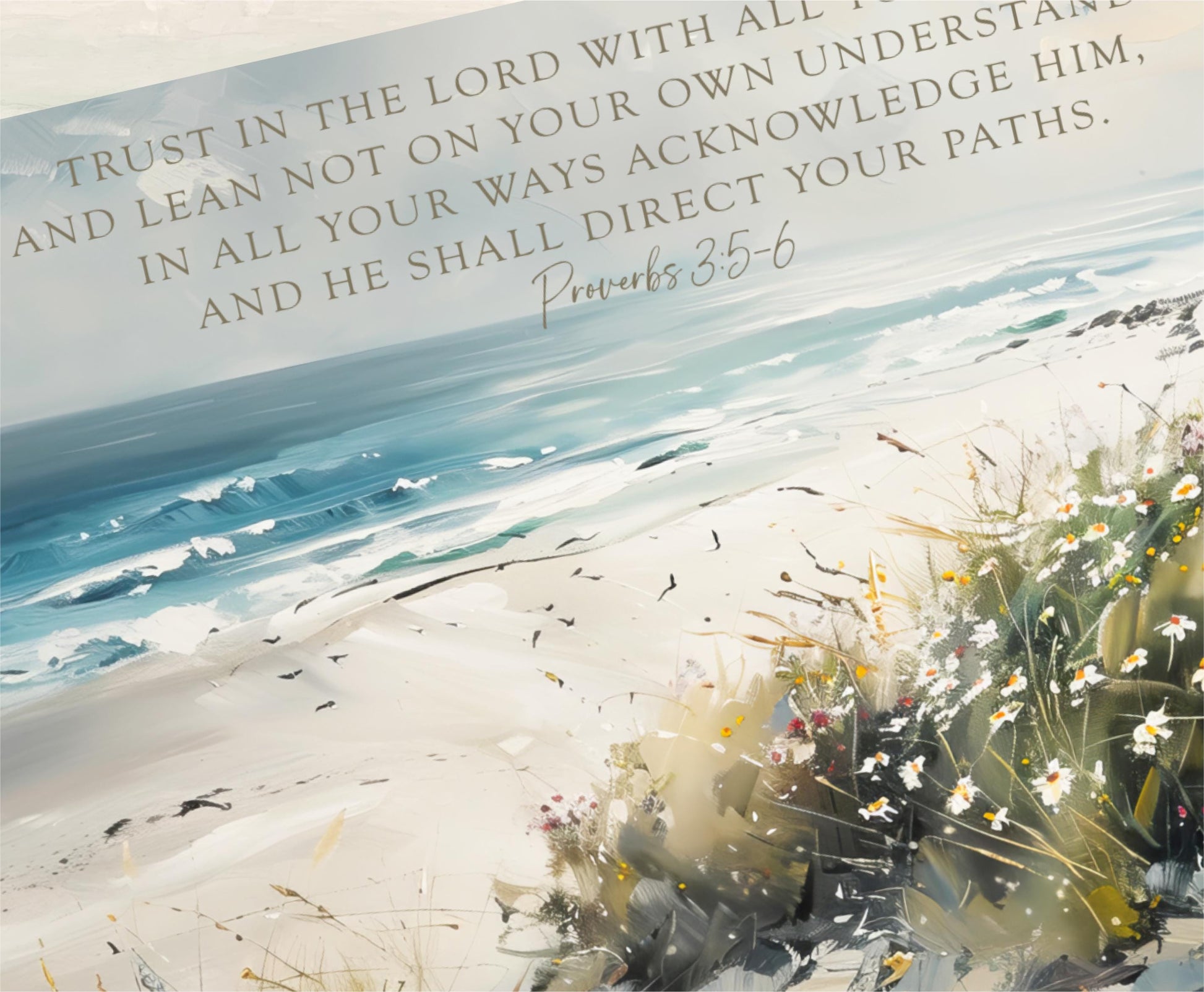 a painting of a beach with a bible verse