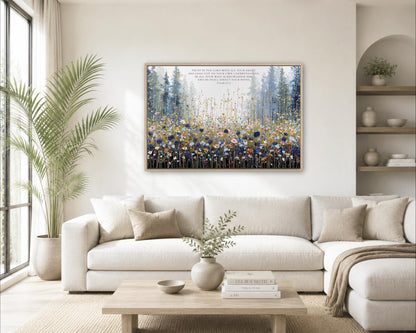 a cozy living room with a large white sofa, a wooden coffee table, and a framed painting of a forest scene hanging on the wall above the sofa.