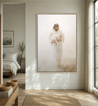 a serene indoor setting with a large framed painting of a person holding a lamb hanging on the wall.