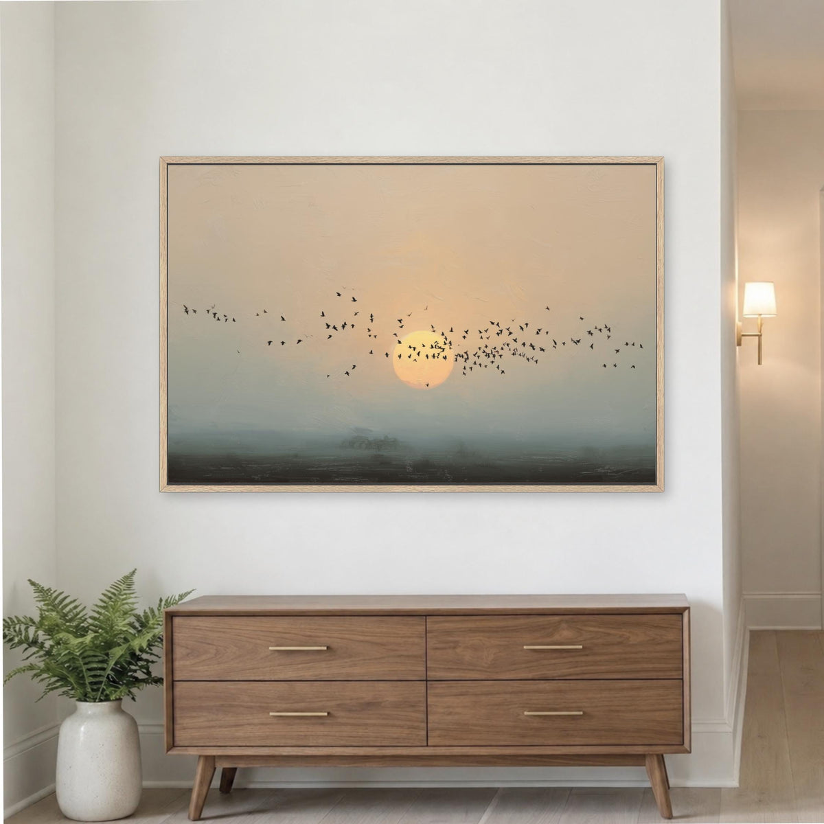 Birds Sunset Abstract Wall Art, Flock of Birds Flying, Sun Neutral Landscape Painting, Modern Living Room Decor, Blue Gray Orange, Framed