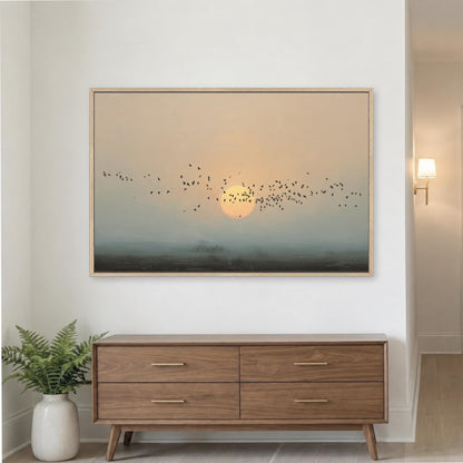 Birds Sunset Abstract Wall Art, Flock of Birds Flying, Sun Neutral Landscape Painting, Modern Living Room Decor, Blue Gray Orange, Framed