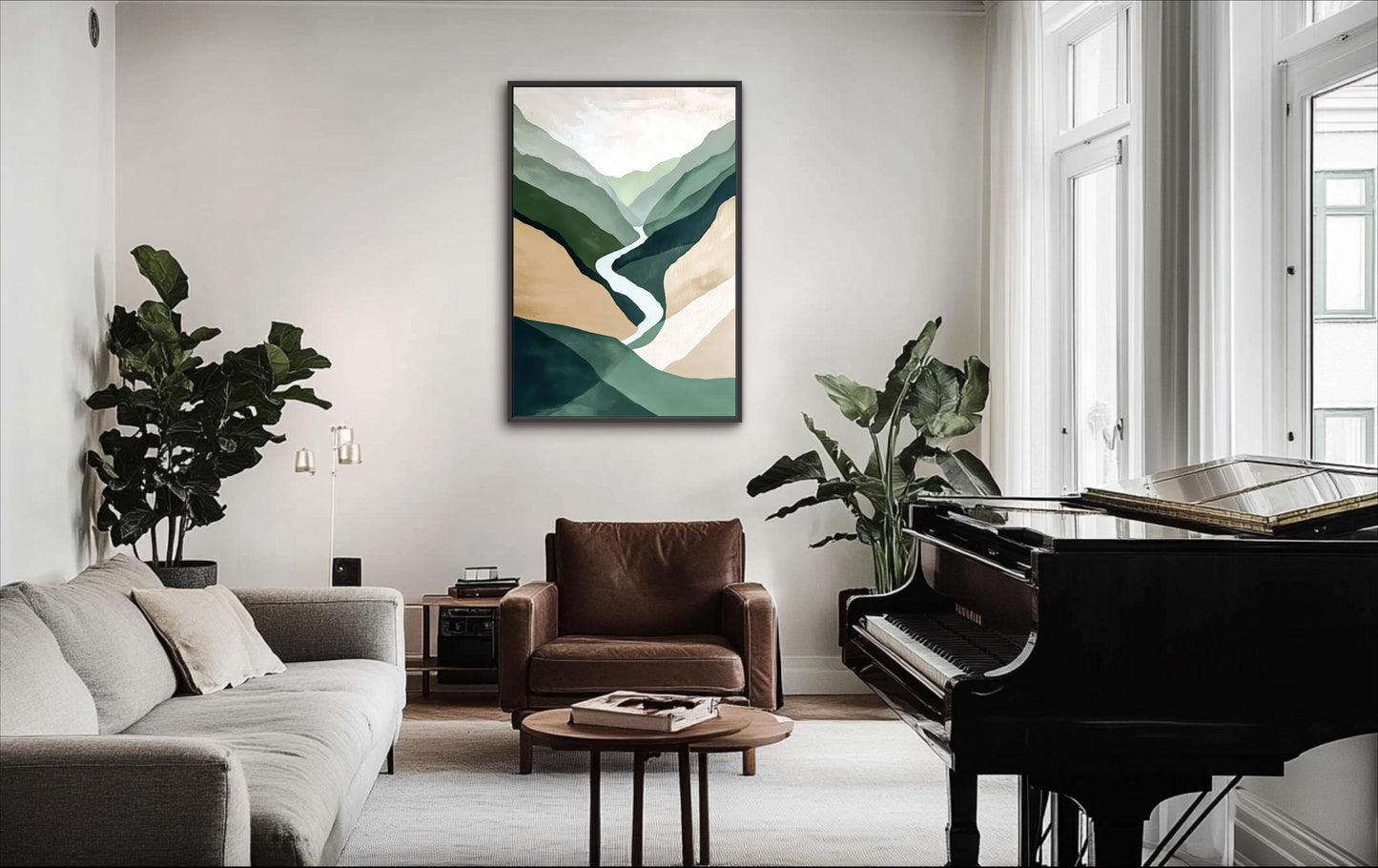 a modern living room with a large window, a grand piano, a comfortable sofa, and a coffee table. The room is decorated with a large abstract painting on the wall and lush green plants, creating a serene and inviting atmosphere.