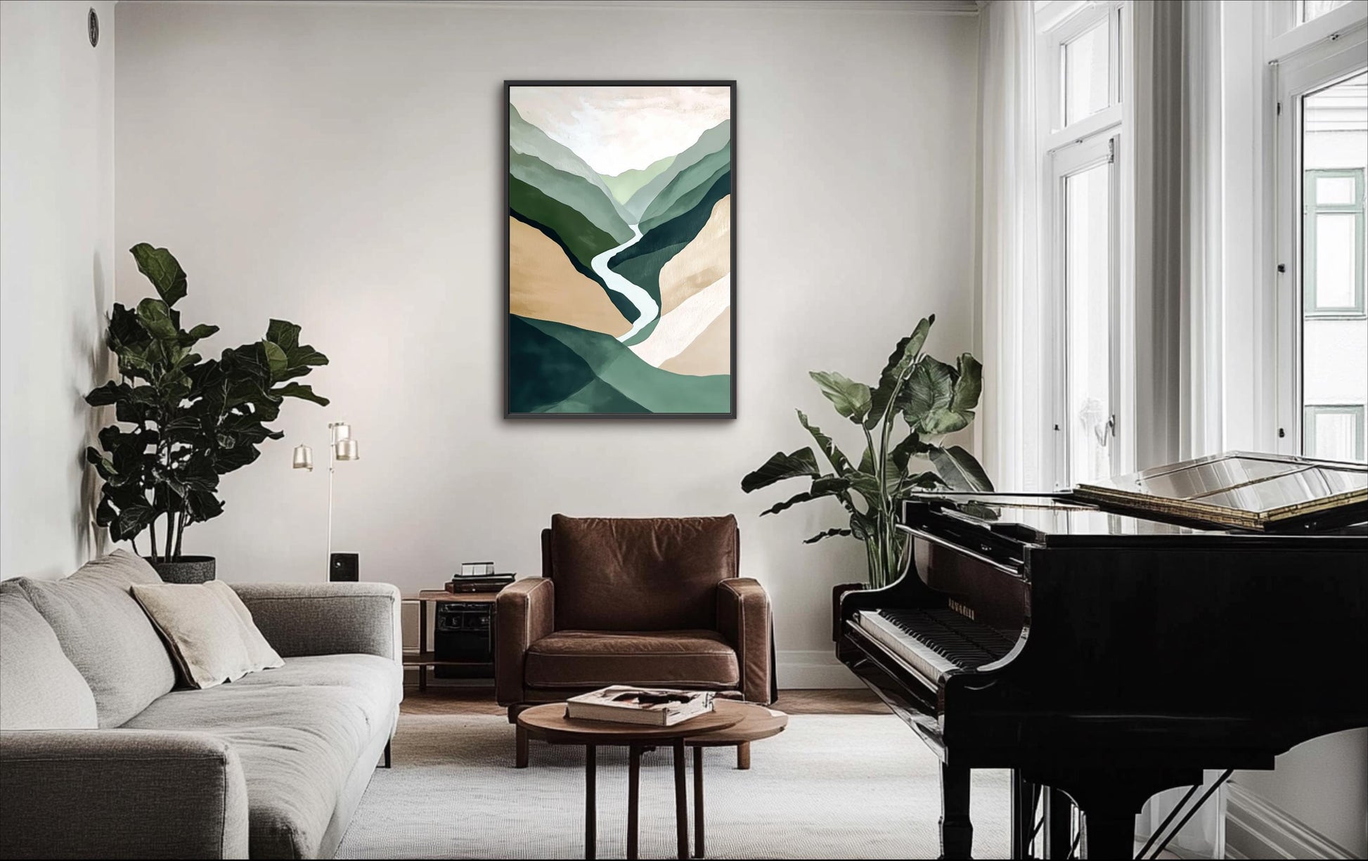 a modern living room with a large window, a grand piano, a comfortable sofa, and a coffee table. The room is decorated with a large abstract painting on the wall and lush green plants, creating a serene and inviting atmosphere.