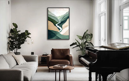 a modern living room with a large window, a grand piano, a comfortable sofa, and a coffee table. The room is decorated with a large abstract painting on the wall and lush green plants, creating a serene and inviting atmosphere.