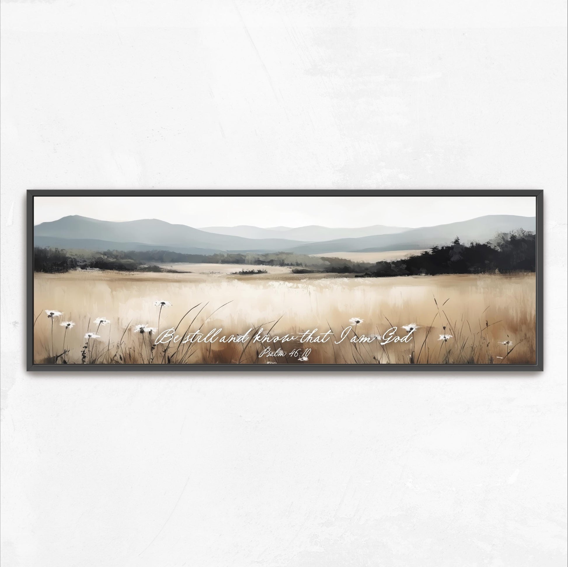 The image is a framed painting depicting a serene landscape with a field of tall grass and mountains in the background.