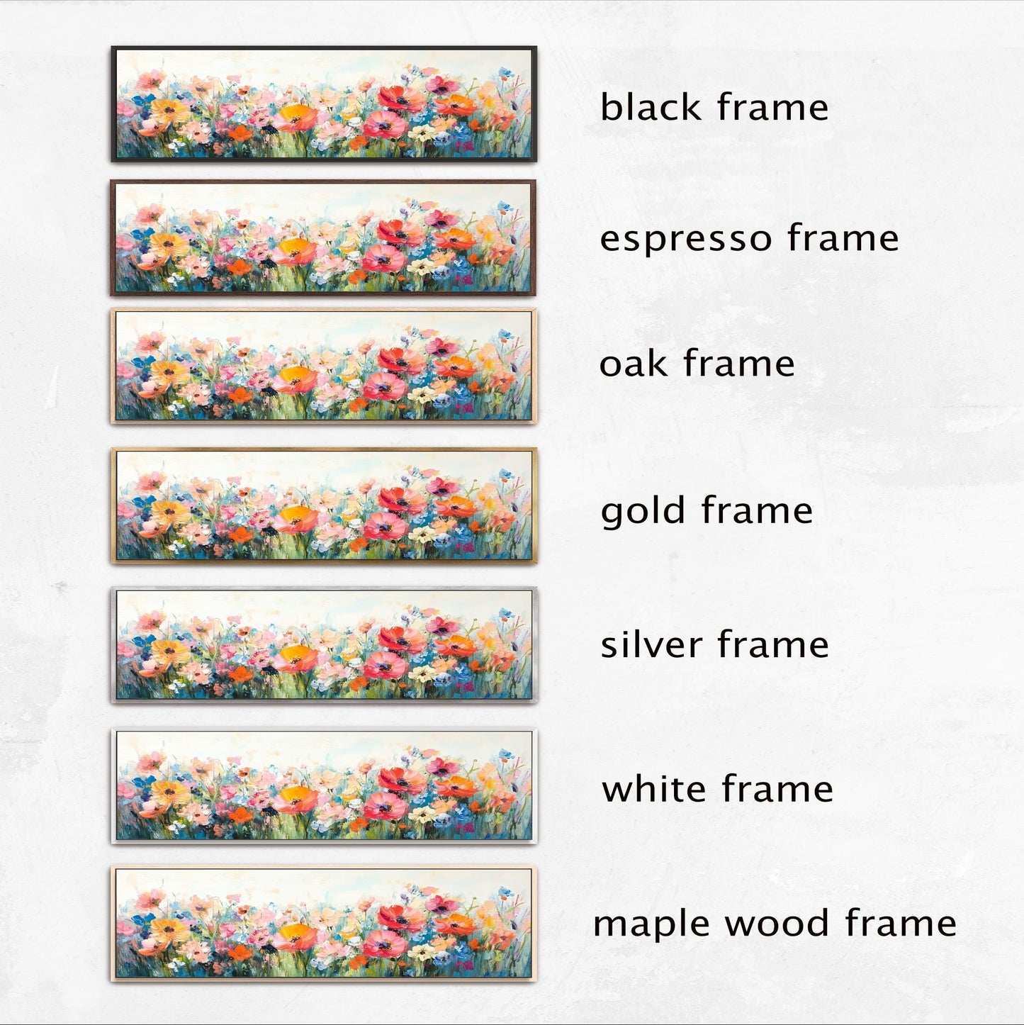 a series of framed artworks, each with a different frame color and style. The artworks are arranged in a row, showcasing the various options available for framing.