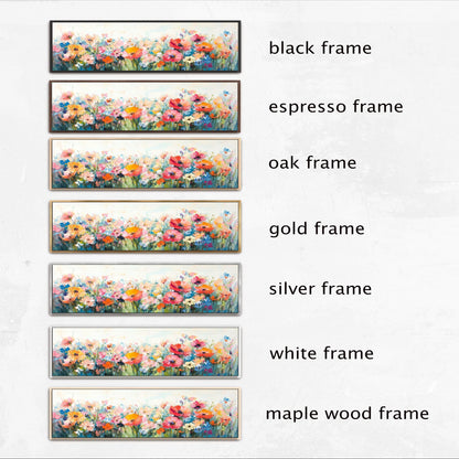 a series of framed artworks, each with a different frame color and style. The artworks are arranged in a row, showcasing the various options available for framing.