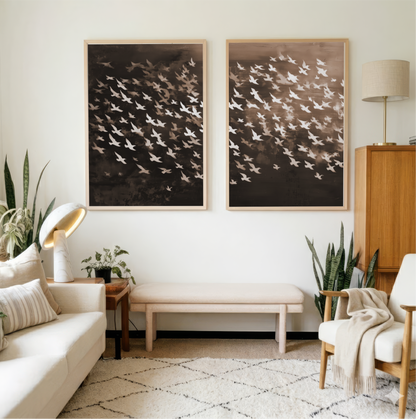 a living room with two large framed prints of birds on the wall, a white sofa, a wooden side table, and a wooden chair.