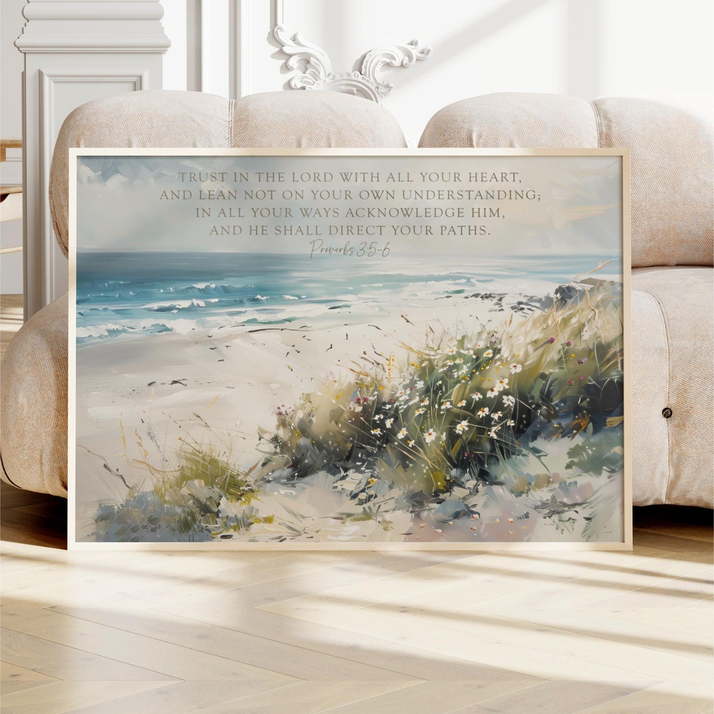 a painting of a beach with a quote on it