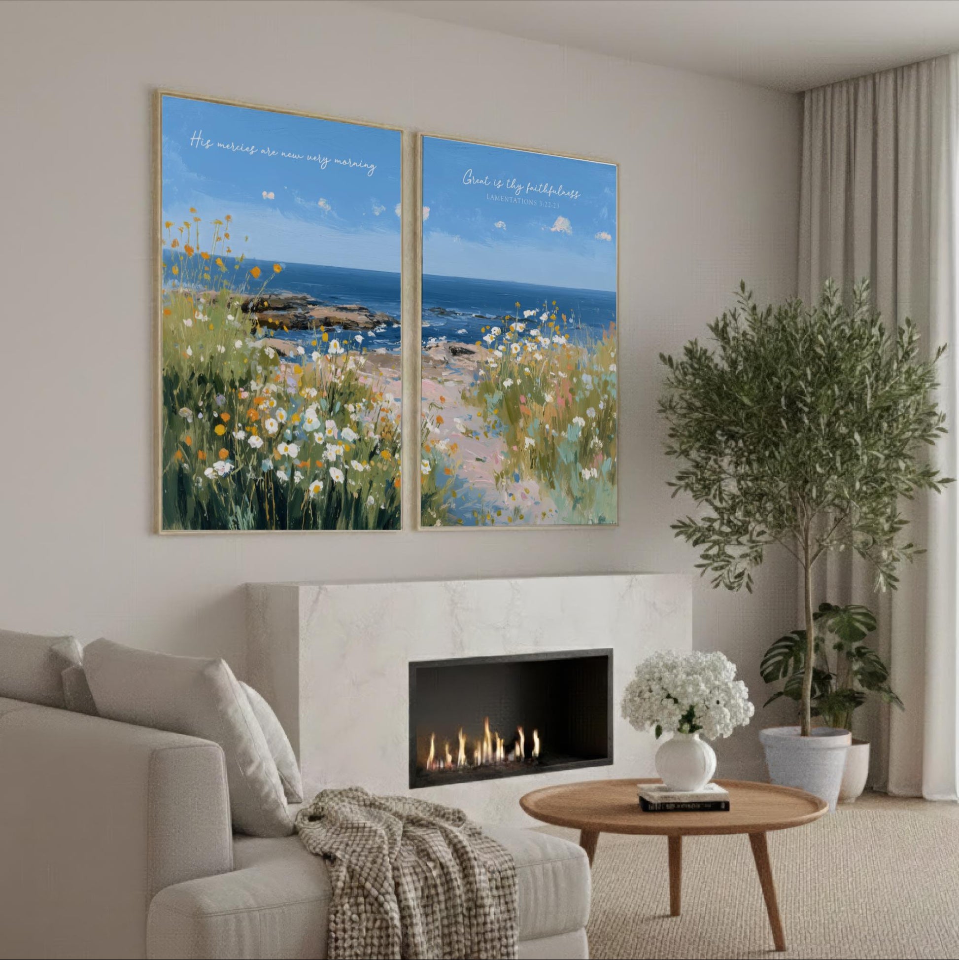 a cozy living room with a fireplace, a comfortable couch, and a coffee table with a vase of white flowers. The room is decorated with a large painting of a beach scene above the fireplace, and there are potted plants and a vase on the coffee table.