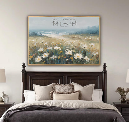 a large painting of a field of flowers hanging above a bed with a wooden headboard.