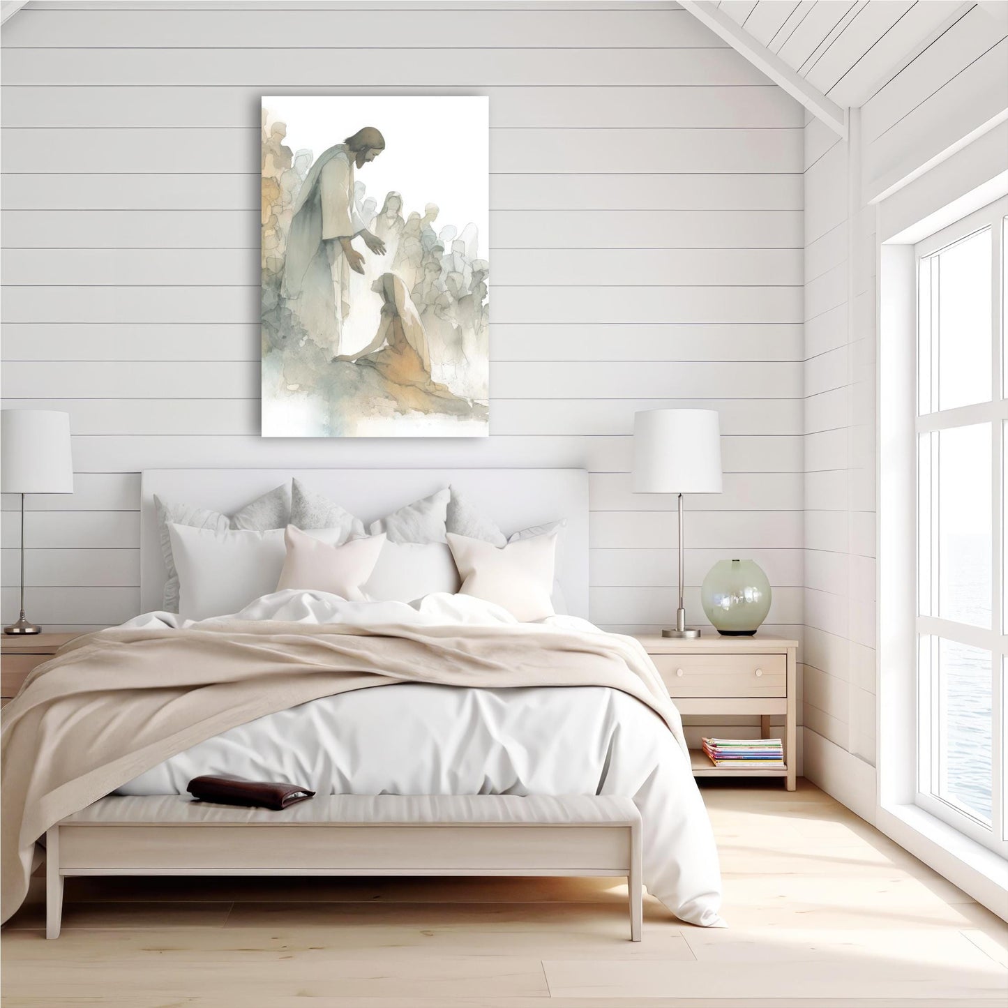 a serene bedroom scene with a large bed, white bedding, and a painting of a person kneeling on the bed. The room has white walls and a wooden floor, creating a calm and peaceful atmosphere.