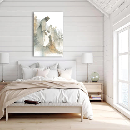 a serene bedroom scene with a large bed, white bedding, and a painting of a person kneeling on the bed. The room has white walls and a wooden floor, creating a calm and peaceful atmosphere.