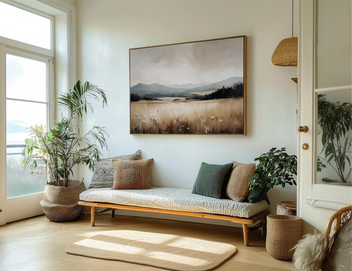 a cozy living room with a large painting of a field on the wall, a comfortable sofa with throw pillows, and several potted plants. The room has a warm and inviting atmosphere, with natural light coming in from a window and a hanging light fixture.
