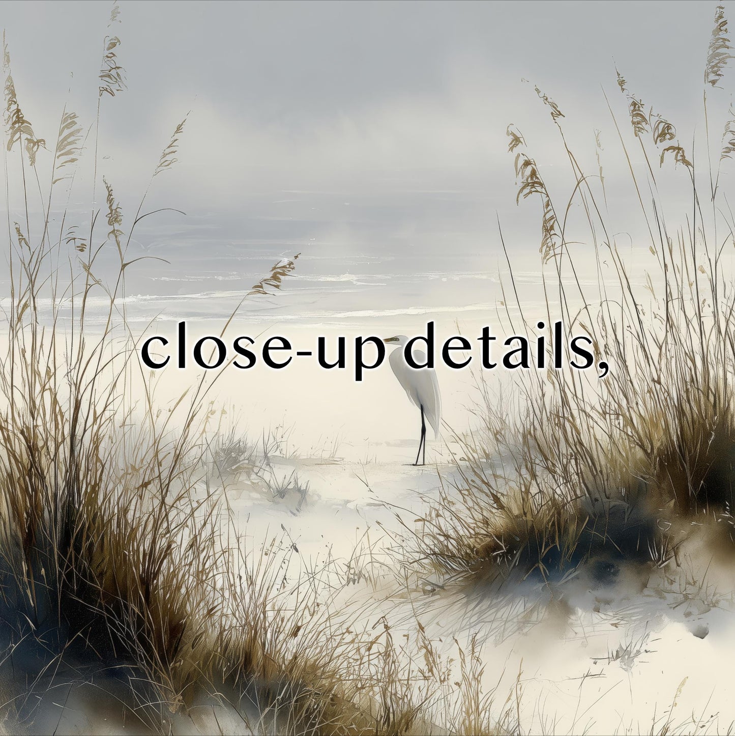 a serene beach scene with tall grasses swaying in the foreground and a bird standing on the sand in the background.
