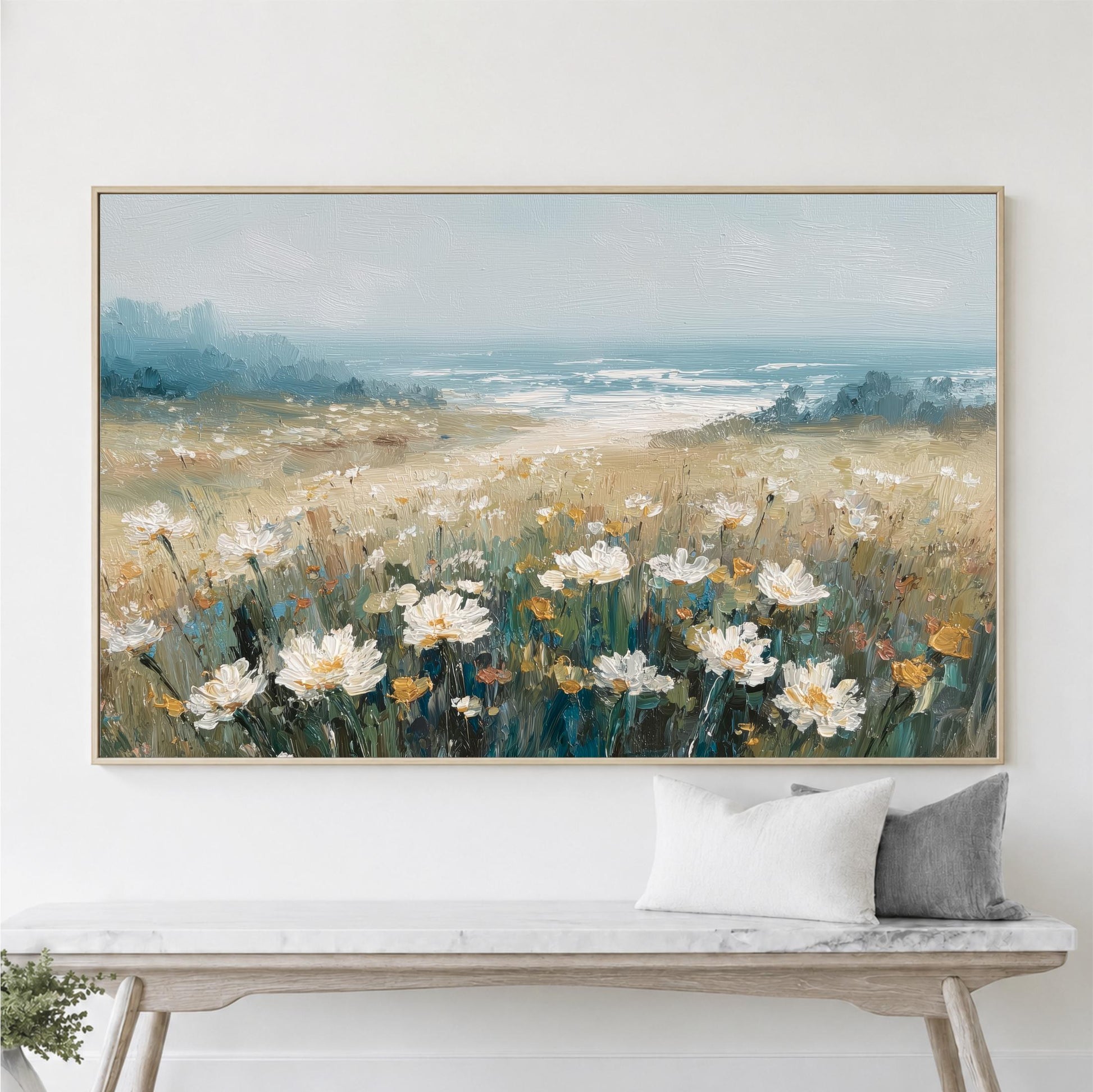 Coastal Wildflower Meadow Wall Art, Framed Canvas, Ocean Shore Landscape Print, Neutral Seascape Decor, Floral Daisy Beach House Shipped